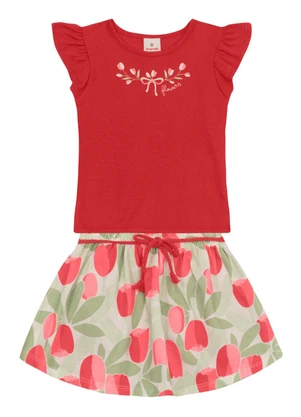 Brandili - Conjunto Infantil Menina Bordado Floral Vermelho - BRANDILI