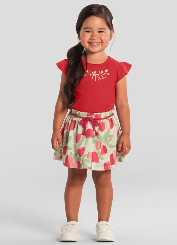 Brandili - Conjunto Infantil Menina Bordado Floral Vermelho