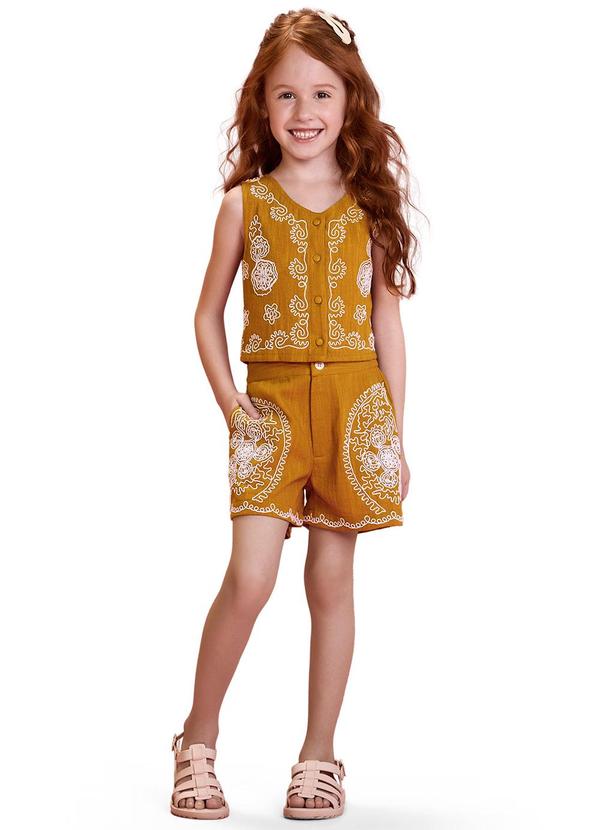 Nanai - Conjunto Infantil Menina Bordado Marrom