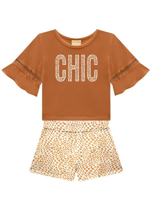 Milon - Conjunto Infantil Menina Bordado  Marrom - MILON