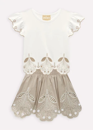 Milon - Conjunto Infantil Menina Bordado Off White - MILON