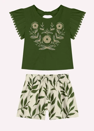 Nanai - Conjunto Infantil Menina Bordado Verde - NANAI