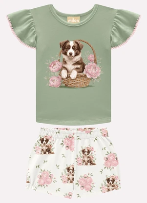 Milon - Conjunto Infantil Menina Cachorrinho Verde - MILON