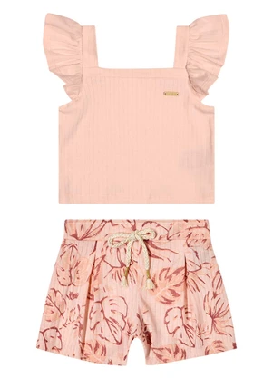 Colorittá - Conjunto Infantil Menina Canelado Folhas Rosa - COLORITTÁ