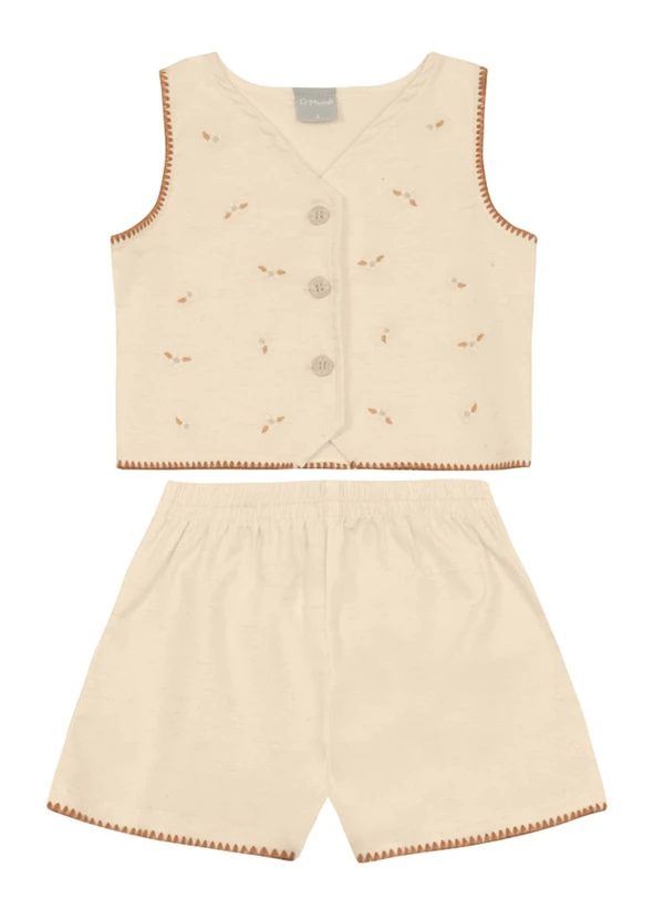Brandili Mundi - Conjunto Infantil Menina Colete Bordado Natural