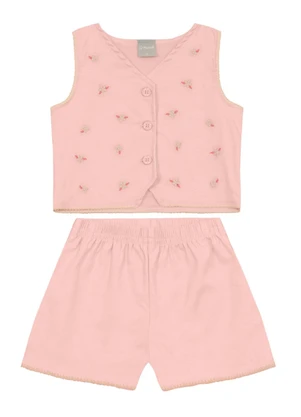 Brandili Mundi - Conjunto Infantil Menina Colete Bordado Rosa - BRANDILI MUNDI