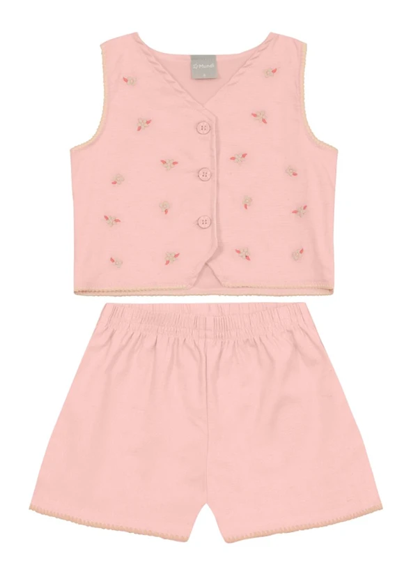 Brandili Mundi - Conjunto Infantil Menina Colete Bordado Rosa