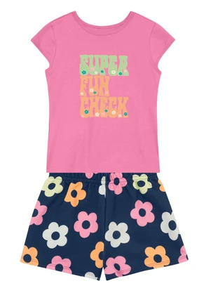 Brandili - Conjunto Infantil Menina de Flores em Puff Rosa - BRANDILI