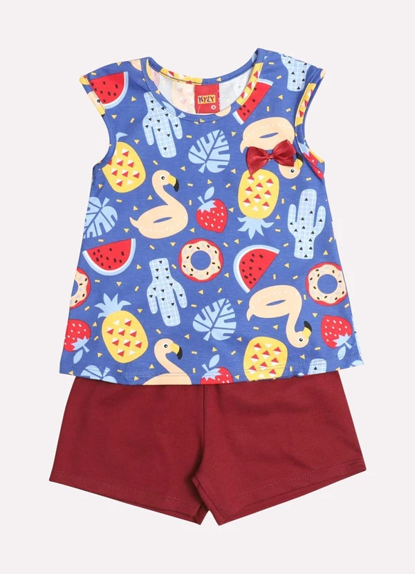 Kyly - Conjunto Infantil Menina Estampa Frutas Azul