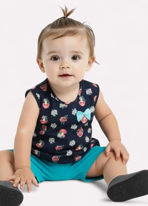 Kyly - Conjunto Infantil Menina Estampado Azul Marinho - KYLY