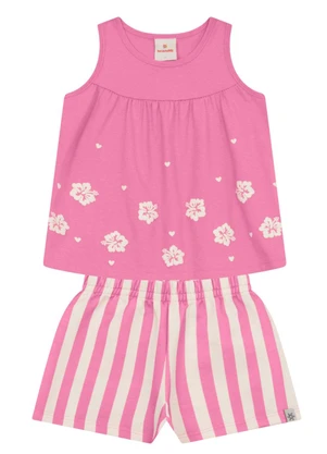 Brandili - Conjunto Infantil Menina Floral em Puff Rosa - BRANDILI