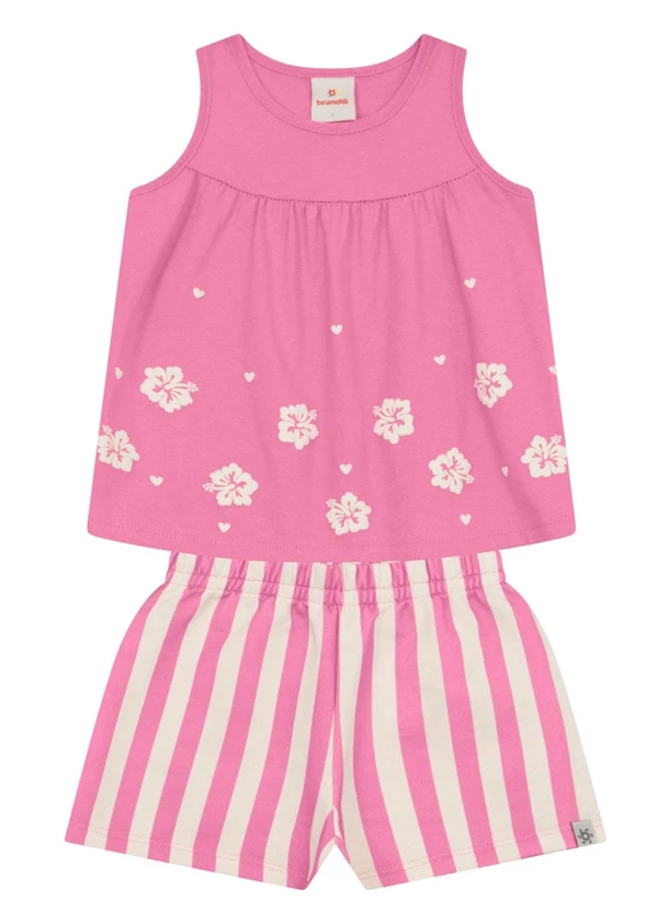 Brandili - Conjunto Infantil Menina Floral em Puff Rosa