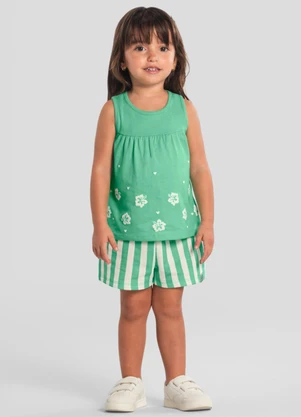 Brandili - Conjunto Infantil Menina Floral em Puff Verde - BRANDILI