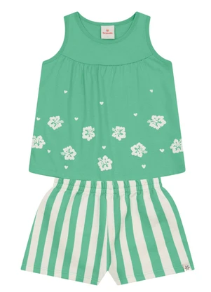 Brandili - Conjunto Infantil Menina Floral em Puff Verde - BRANDILI
