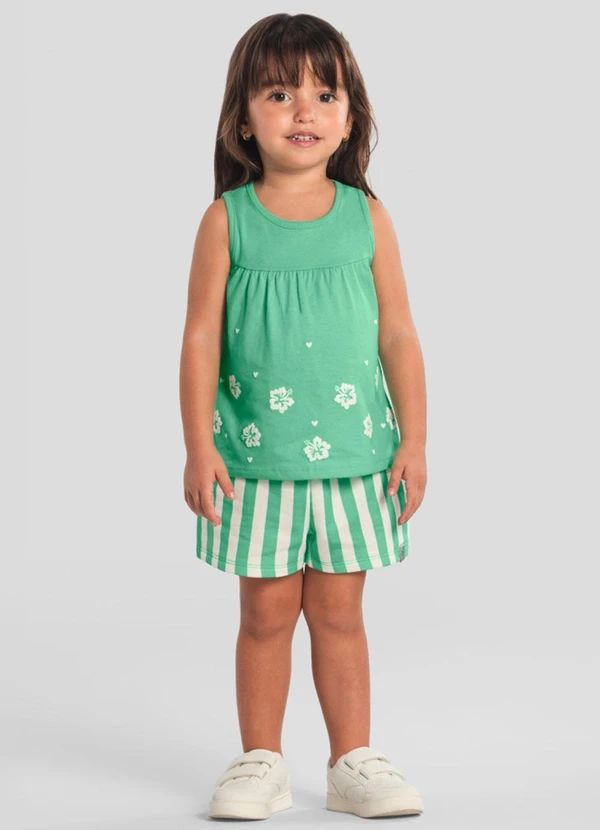 Brandili - Conjunto Infantil Menina Floral em Puff Verde