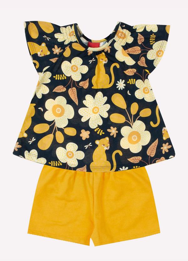 Kyly - Conjunto Infantil Menina Flores Azul Marinho