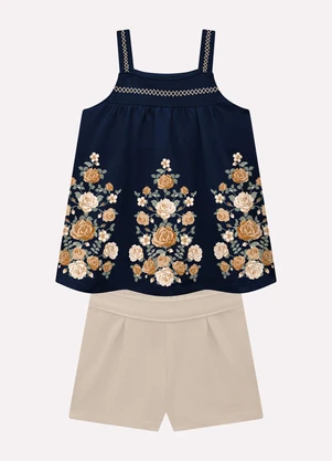 Milon - Conjunto Infantil Menina Flores Azul Marinho - MILON