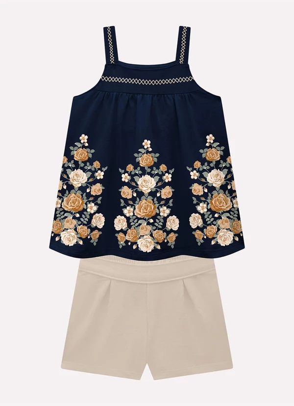 Milon - Conjunto Infantil Menina Flores Azul Marinho