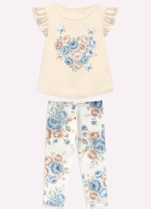 Milon - Conjunto Infantil Menina Flores Bege - MILON