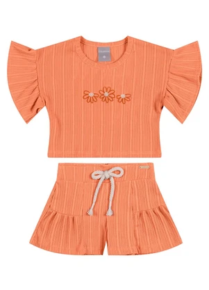 Colorittá - Conjunto Infantil Menina Flores Bordadas Laranja - COLORITTÁ
