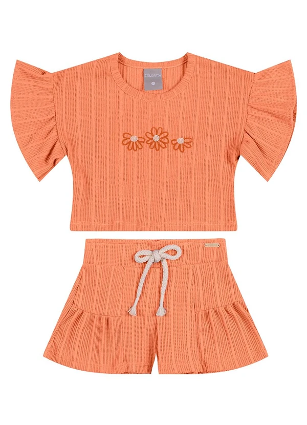 Colorittá - Conjunto Infantil Menina Flores Bordadas Laranja