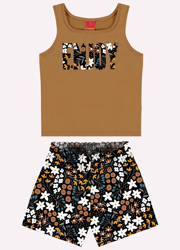 Kyly - Conjunto Infantil Menina Flores Marrom