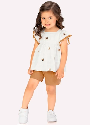 Milon - Conjunto Infantil Menina Flores Off White - MILON