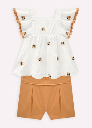 Milon - Conjunto Infantil Menina Flores Off White - MILON