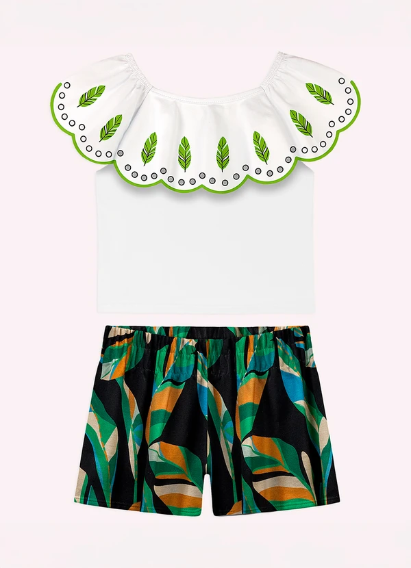 Nanai - Conjunto Infantil Menina Folhagens Branco