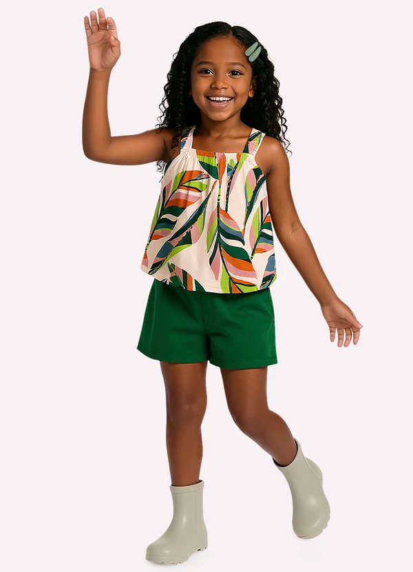 Nanai - Conjunto Infantil Menina Folhas Bege