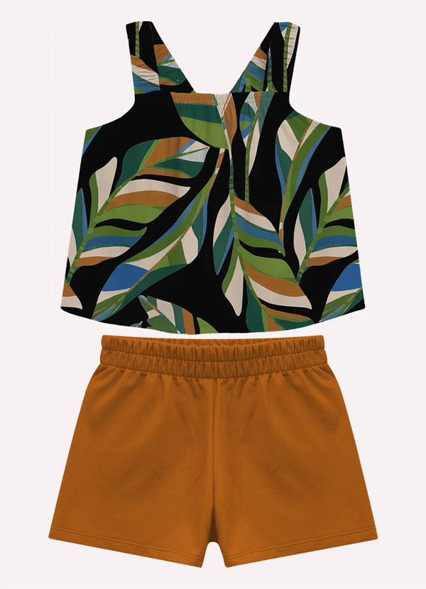 Nanai - Conjunto Infantil Menina Folhas Preto