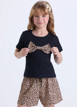 Vida Costeira - Conjunto Infantil Menina Laço Oncinha Bege  - VIDA COSTEIRA