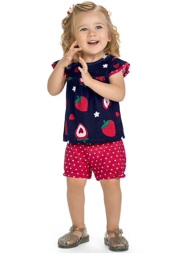 Kyly - Conjunto Infantil Menina Morangos Azul Marinho