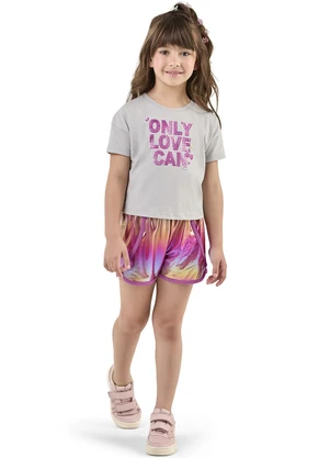 Elian - Conjunto Infantil Menina Short Holográfico Cinza - ELIAN
