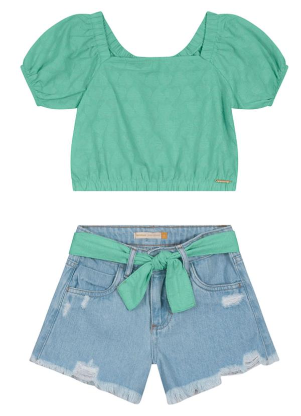 Carinhoso - Conjunto Jeans com Amarração Menina Verde