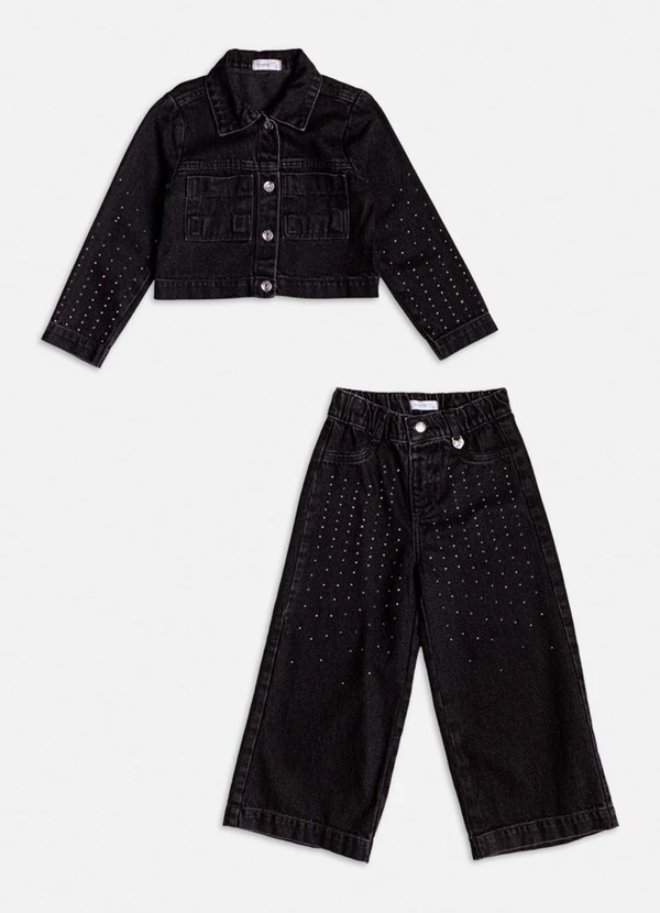 Momi - Conjunto Jeans Preto com Strass Preto