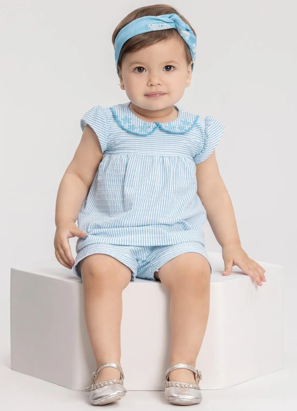 Alakazoo - Conjunto Listrado com Blusa e Shorts Azul