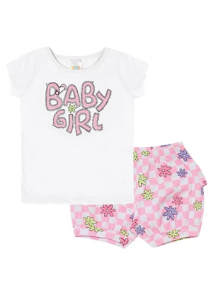 Pulla Bulla - Conjunto Manga Curta Meia Malha Menina Branco - PULLA BULLA