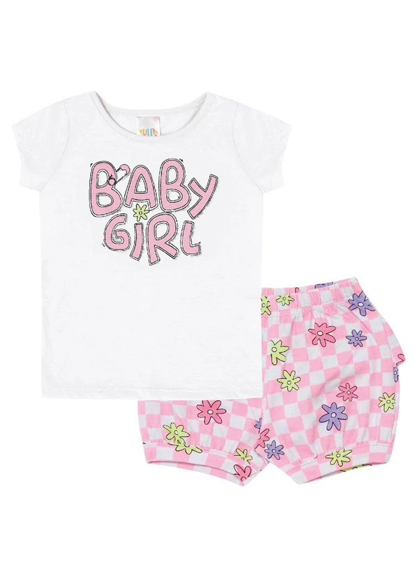 Pulla Bulla - Conjunto Manga Curta Meia Malha Menina Branco