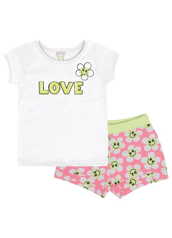 Pulla Bulla - Conjunto Manga Curta Meia Malha Menina Branco
