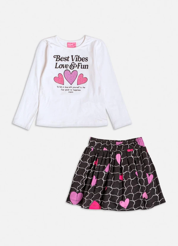 Momi - Conjunto Manga Longa com Grid e Corações Branco