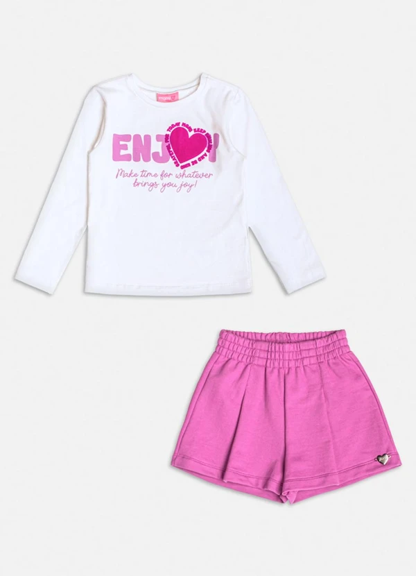 Momi - Conjunto Manga Longa de Coração Flocado Branco