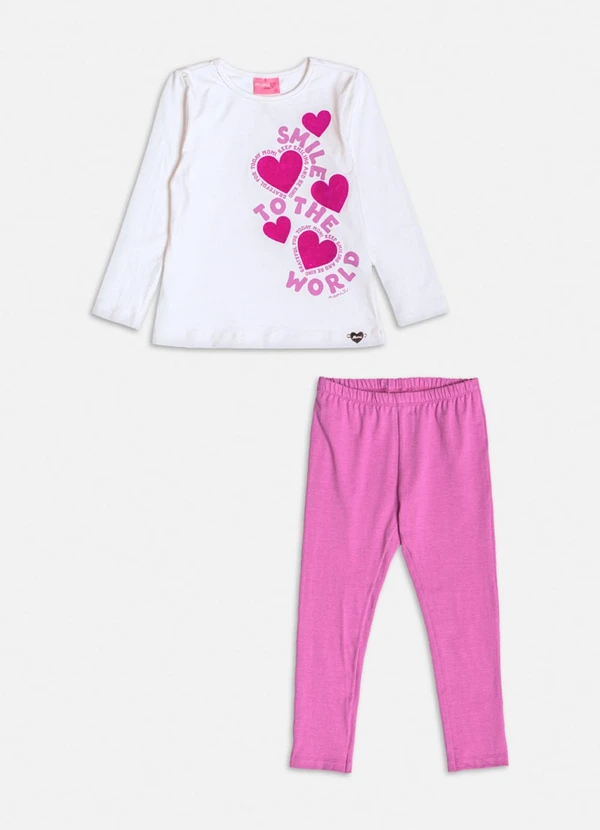 Momi - Conjunto Manga Longa de Corações Flocados Branco