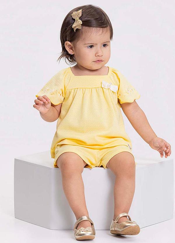 Alakazoo - Conjunto Mangas Bordadas Laço FrontalAmarelo