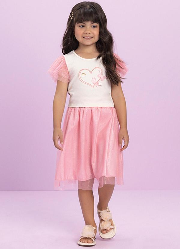 Milli e Nina - Conjunto Menina Blusa e Saia em Tule Brilho Rosa