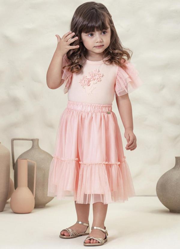 Milli e Nina - Conjunto Menina Blusa e Saia em Tule Rosa