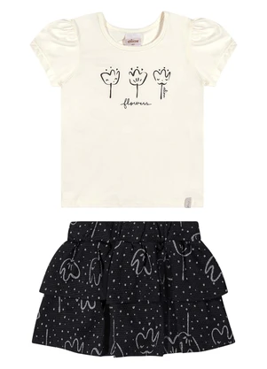 Elian - Conjunto Menina Blusa e Saia Floral Bege - ELIAN