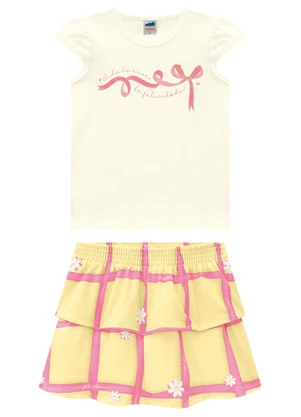 Marlan - Conjunto Menina Blusa e Saia Grid Junino Bege - MARLAN