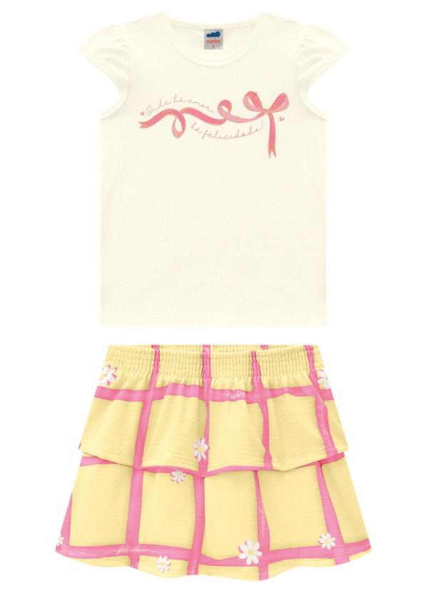 Marlan - Conjunto Menina Blusa e Saia Grid Junino Bege