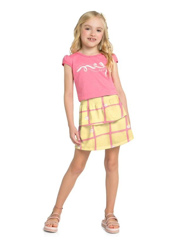 Marlan - Conjunto Menina Blusa e Saia Grid Junino Rosa